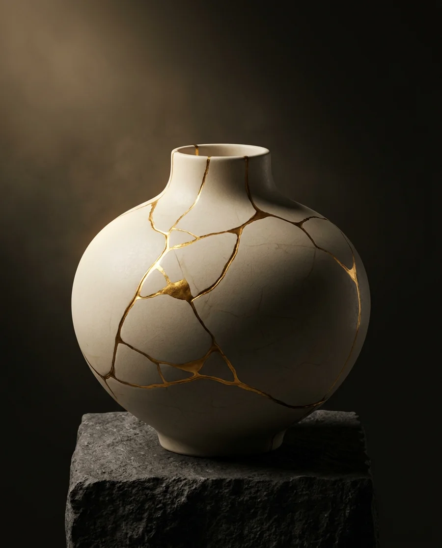 An ivory Japanese ceramic vase repaired with branching gold seams, standing on dark stone